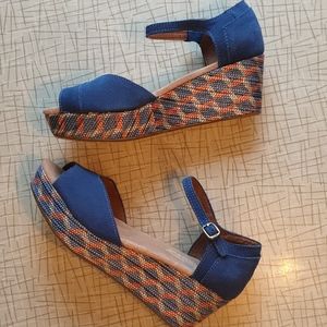 Toms Blue Suede Platform Wedge Sandals